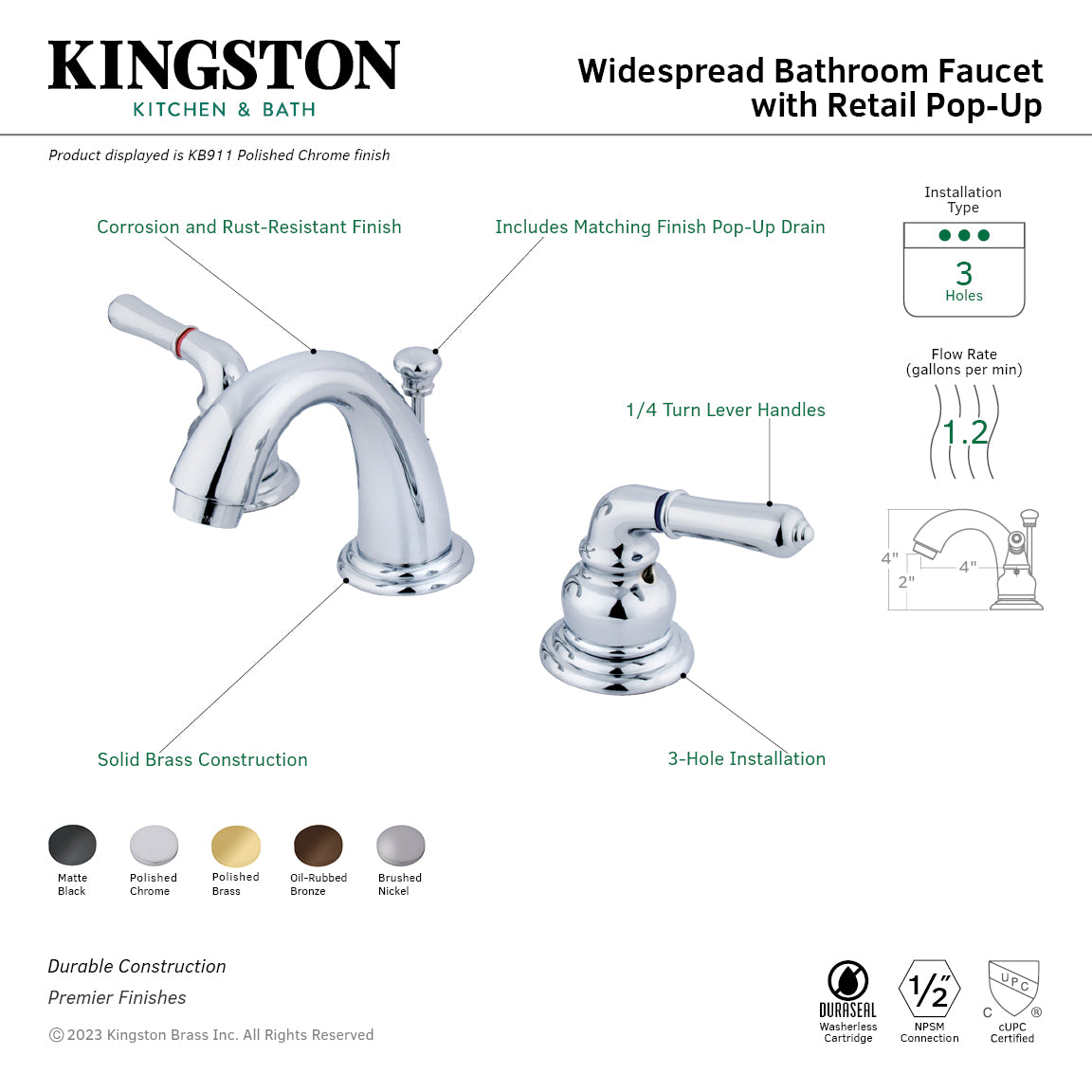 Kingston Tulare KB911 - Magellan Two-Handle 3-Hole Deck Mount Widespread Bathroom Faucet with Pop-Up Drain, Polished Chrome — thumbnail 3